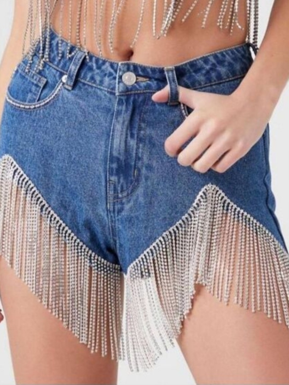 FOREVER 21 Blue Denim Fringe Embellished Women's Shorts